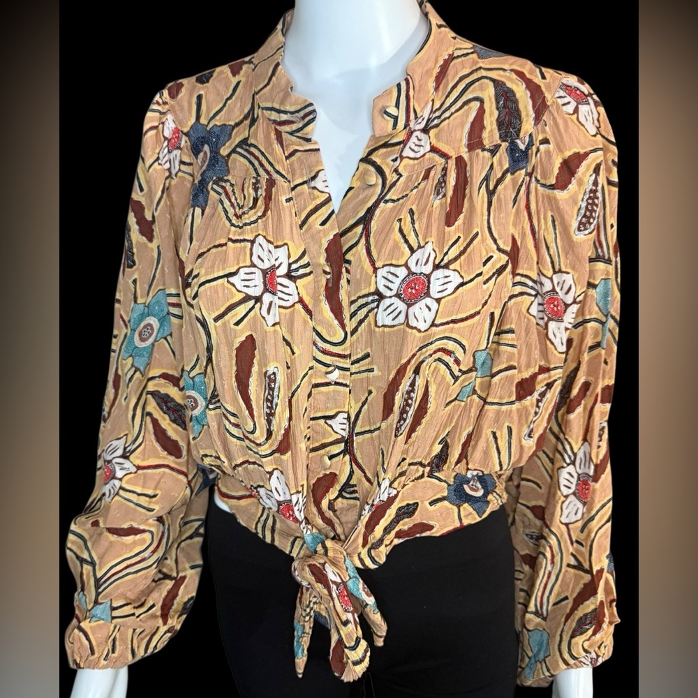 Christian Siriano Floral Long Sleeve Front Tie Top Size XL